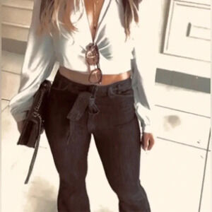 Women’s High-Rise Bell-Bottom Black Denim Jeans Flare Wide Leg & Belt-Med